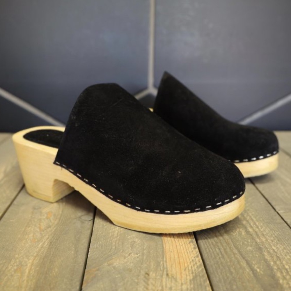 Womens Rag & Co Darcie Black Suede Wooden Clogs Handmade Mule Lotta Swedish Shoe